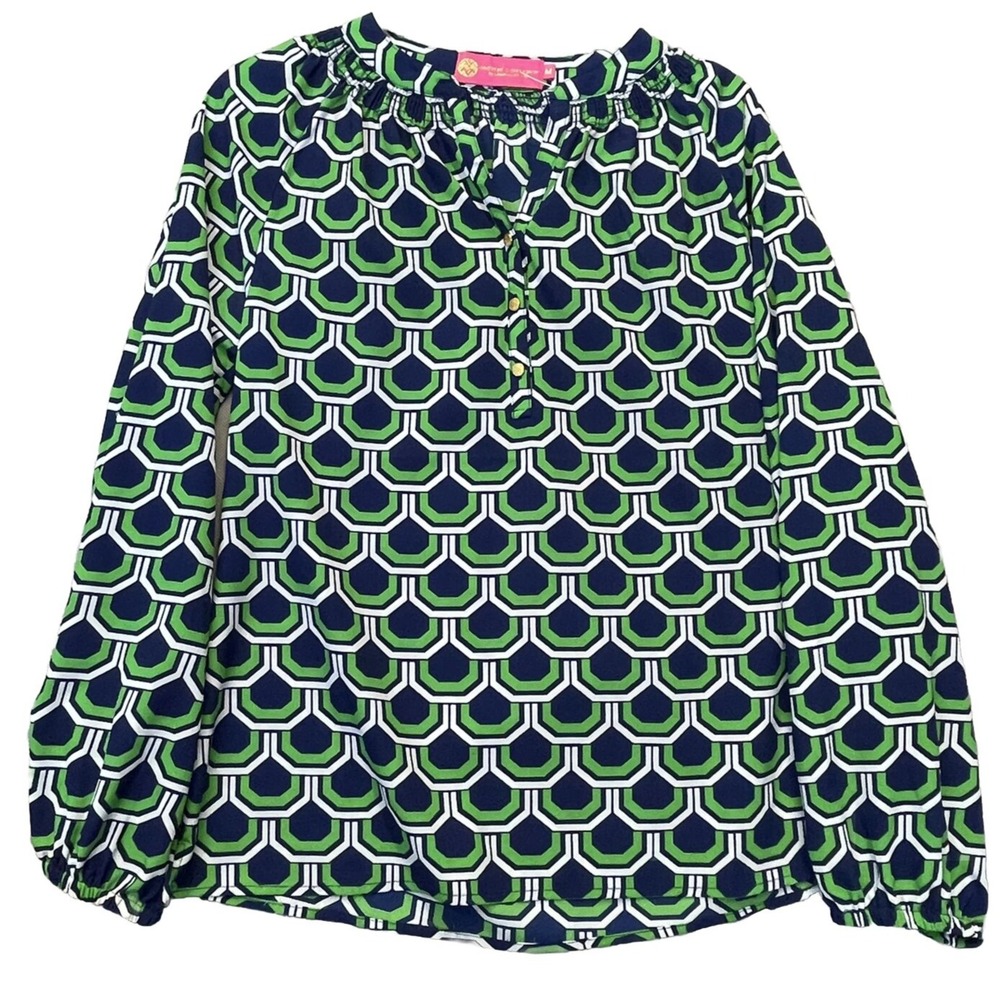 Macbeth Collection Margaret‎ Josephs Womens Blue Green Geometric Blouse Pullover